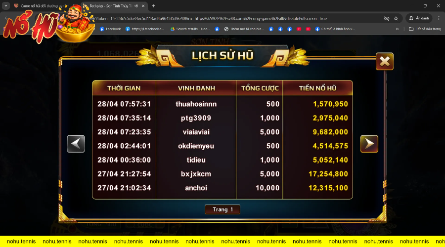 Bảng lịch sử người chơi và số tiền trúng thưởng nổ hũ trong game casino SV88.