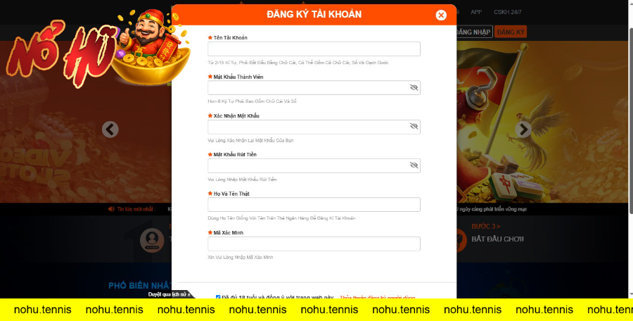 Biểu mẫu đăng ký tài khoản Nohu90
