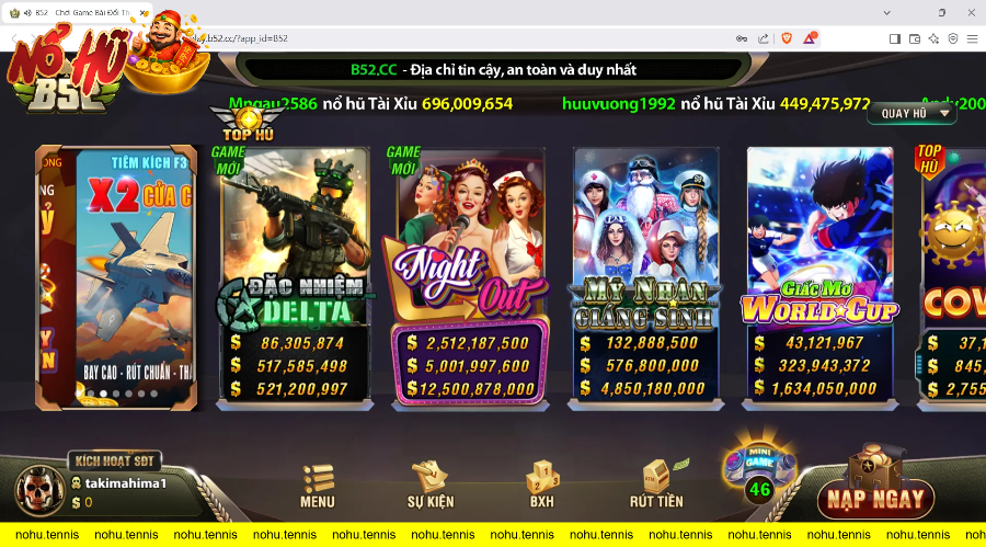 Giao diện các trò chơi jackpot và mini game B52
