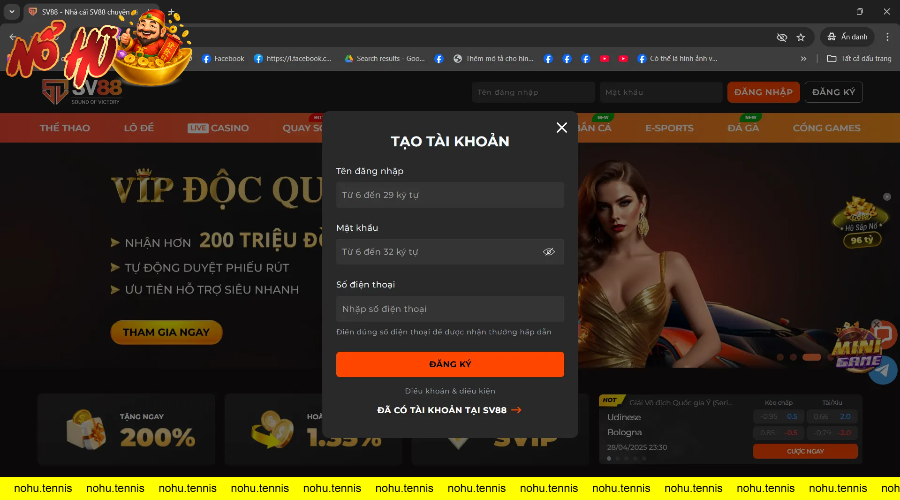 Giao diện đăng ký tài khoản SV88 với mẫu đơn nhập tên, mật khẩu, điện thoại.