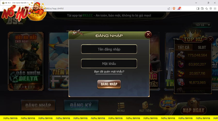Giao diện đăng nhập game bài cá cược B52