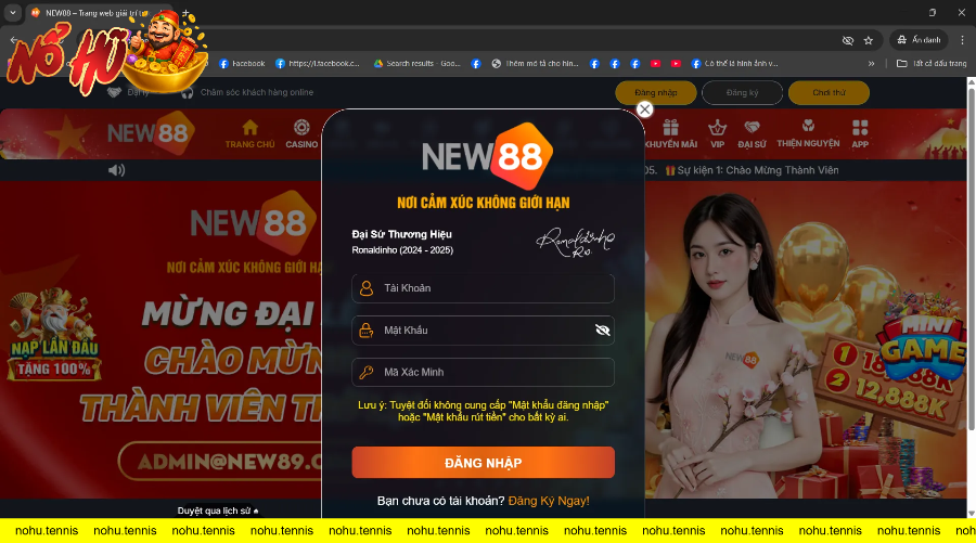 Giao diện đăng nhập New88 với đại sứ thương hiệu và khuyến mãi hấp dẫn.