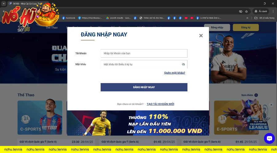 Giao diện đăng nhập trang cá cược thể thao và e-sports SKY88 với ưu đãi hấp dẫn.