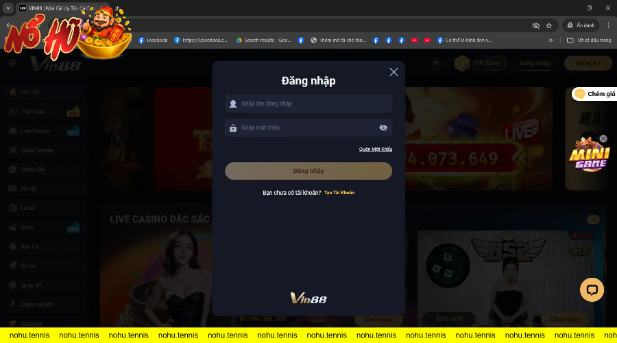 Giao diện đăng nhập trang cá cược Vin88 với các tùy chọn game casino trực tuyến.