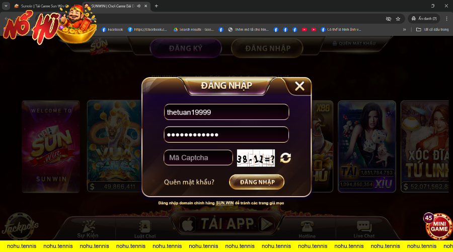 Giao diện đăng nhập trò chơi cá cược trực tuyến Sunwin