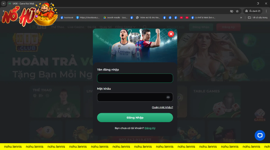 Giao diện đăng nhập trò chơi cá cược với hình ảnh cầu thủ bóng đá nổi bật.