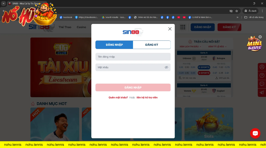 Giao diện đăng nhập và đăng ký tài khoản trang web cá cược SIN88.