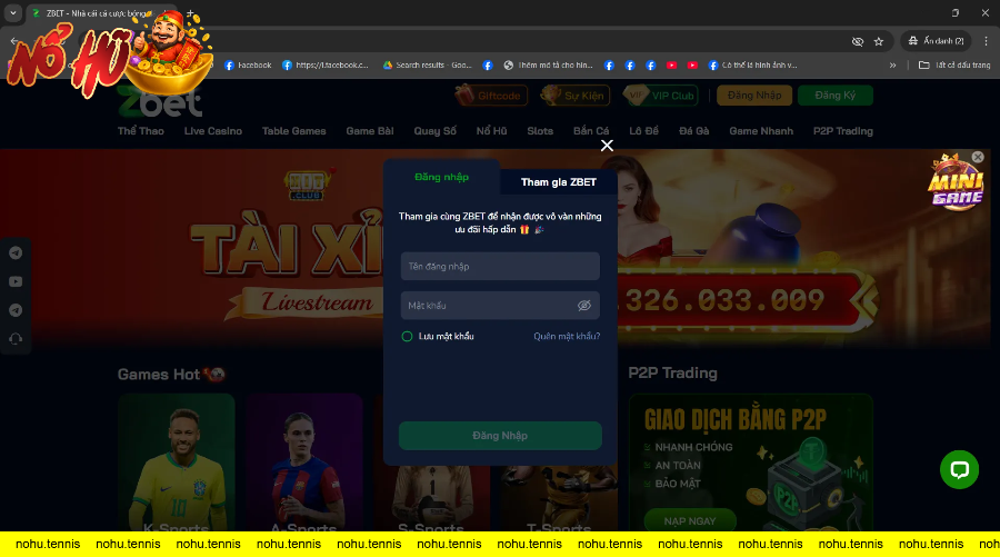 Giao diện đăng nhập ZBET với các mục cá cược thể thao và casino trực tuyến.