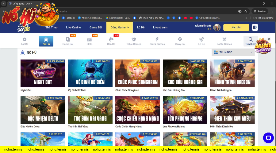 Giao diện danh sách trò chơi nổ hũ với số tiền thưởng Jackpot lớn trên SKY88.