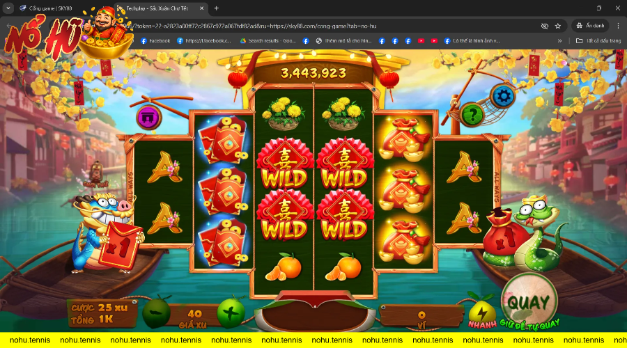 Giao diện game nổ hũ Sắc Xuân Chợ Tết phong cách Tết với mức cược trên từng vòng quay.