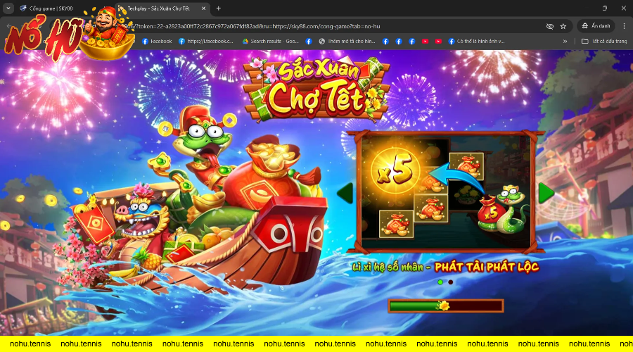 Giao diện game nổ hũ Sắc Xuân Chợ Tết với hình rồng, rắn và pháo hoa sắc màu rực rỡ.