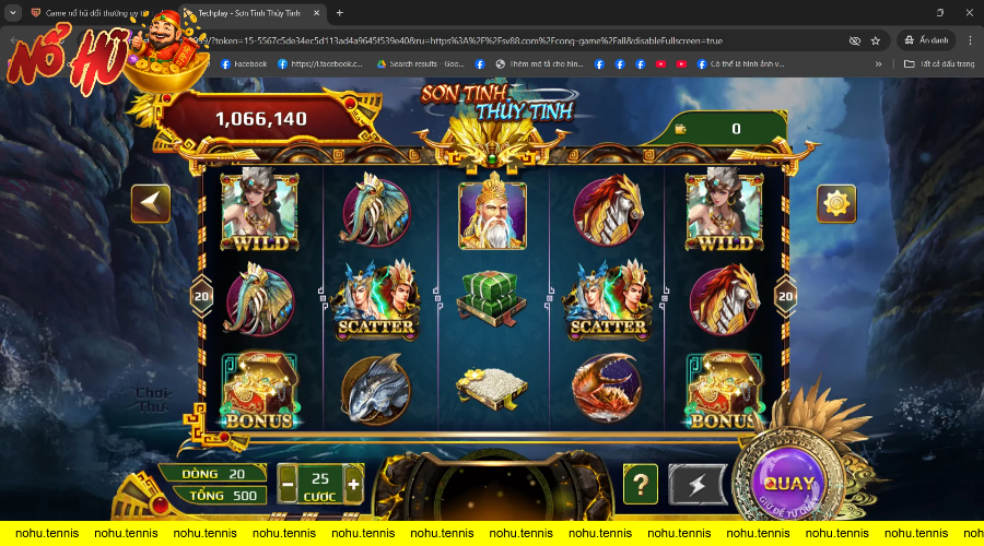 Giao diện game nổ hũ Sơn Tinh Thủy Tinh với biểu tượng wild, scatter và bonus phong phú.