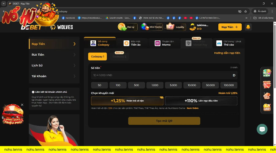 Giao diện nạp tiền DEBET với nhiều sự lựa chọn đa dạng như Codepay, tiền ảo, ví điện tử và thẻ cào và khuyến mãi mỗi lần nạp tiền vô cùng hấp dẫn.