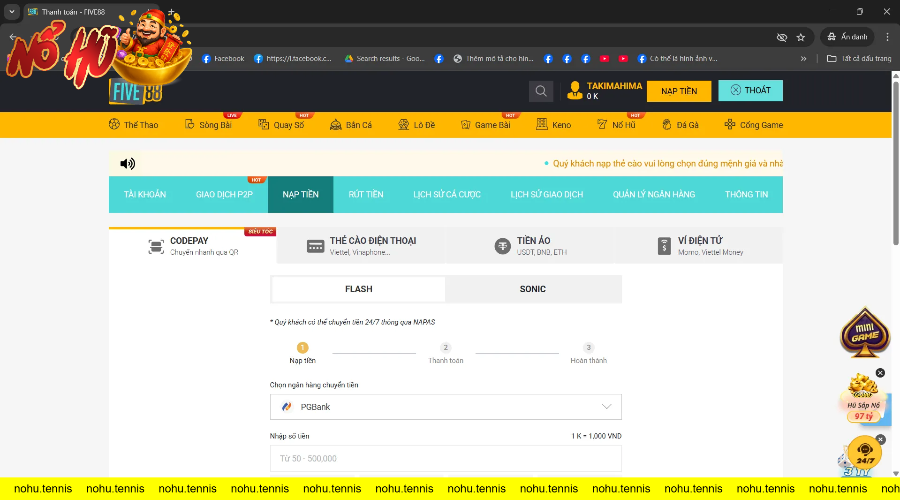 Giao diện nạp tiền FIVE88 với nhiều sự lựa chọn đa dạng như Codepay, tiền ảo, ví điện tử và thẻ cào và khuyến mãi mỗi lần nạp tiền vô cùng hấp đẫn.
