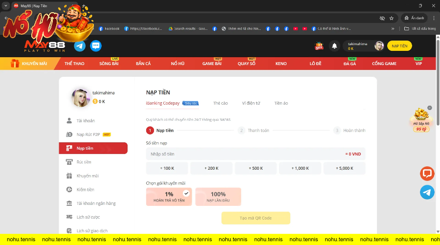 Giao diện nạp tiền MAY88 với nhiều sự lựa chọn đa dạng như Codepay, tiền ảo, p2p ví điện tử và thẻ cào và khuyến mãi mỗi lần nạp tiền vô cùng hấp dẫn.