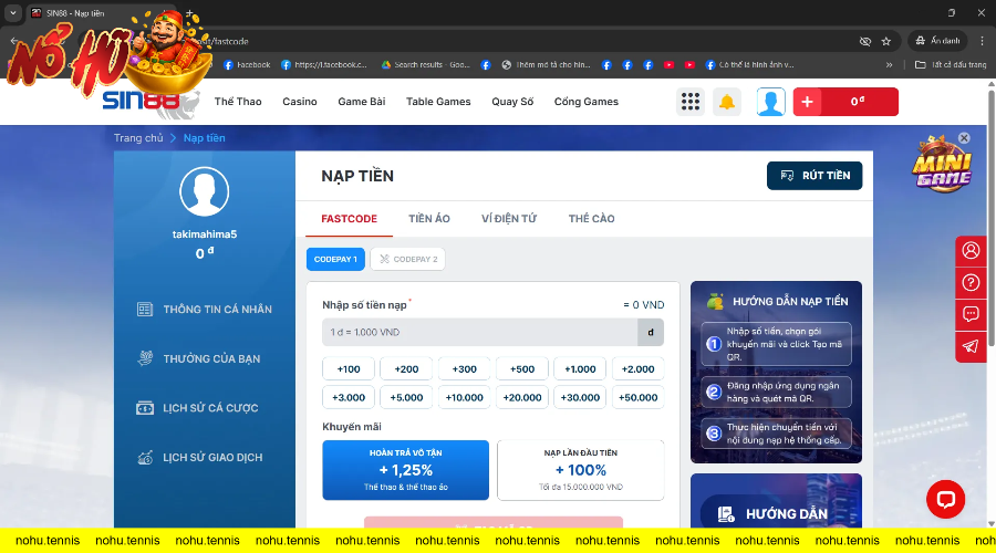 Giao diện nạp tiền SIN88 với nhiều sự lựa chọn đa dạng như Fastcode, tiền ảo, ví điện tử và thẻ cào và khuyến mãi mỗi lần nạp tiền vô cùng hấp dẫn.