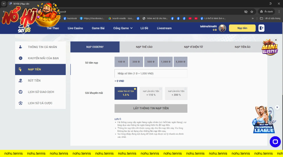 Giao diện nạp tiền SKY88 với nhiều sự lựa chọn đa dạng như Codepay, tiền ảo, ví điện tử và thẻ cào và khuyến mãi mỗi lần nạp tiền vô cùng hấp dẫn.