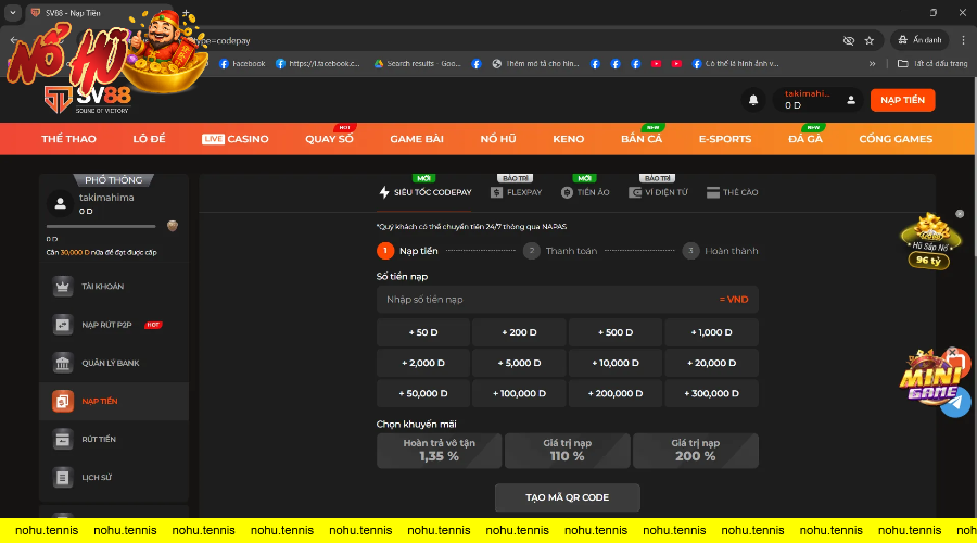 Giao diện nạp tiền SV88với nhiều sự lựa chọn đa dạng như Codepay, tiền ảo, ví điện tử và thẻ cào và khuyến mãi mỗi lần nạp tiền vô cùng hấp dẫn.