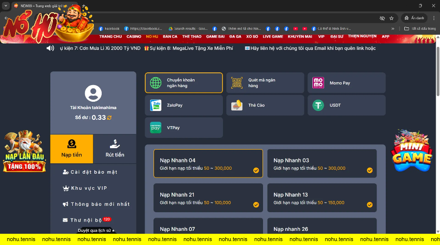 Giao diện nạp tiền tài khoản chơi casino trực tuyến New88 với nhiều hình thức thanh toán như quét mã ngân hàng, zalo pay, momo, thẻ cào, usdt và VTpay.