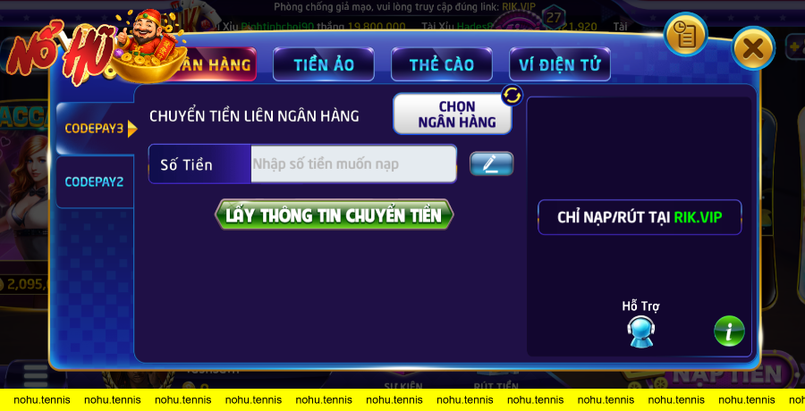 giao diện nap tiền tại RikVip 
