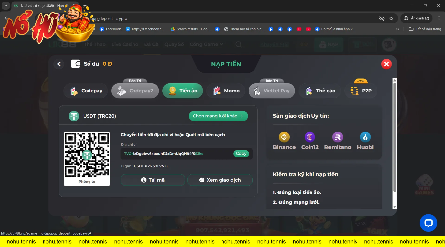 Giao diện nạp tiền UK88 với nhiều sự lựa chọn đa dạng như Codepay, tiền ảo, ví điện tử, P2P và thẻ cào và khuyến mãi mỗi lần nạp tiền vô cùng hấp dẫn.