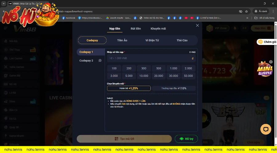 Giao diện nạp tiền VIN88 với nhiều sự lựa chọn đa dạng như Codepay, tiền ảo, ví điện tử và thẻ cào và khuyến mãi mỗi lần nạp tiền vô cùng hấp dẫn.