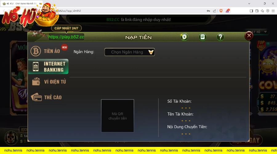 Giao diện nạp tiền với các phương thức thanh toán trực tuyến.