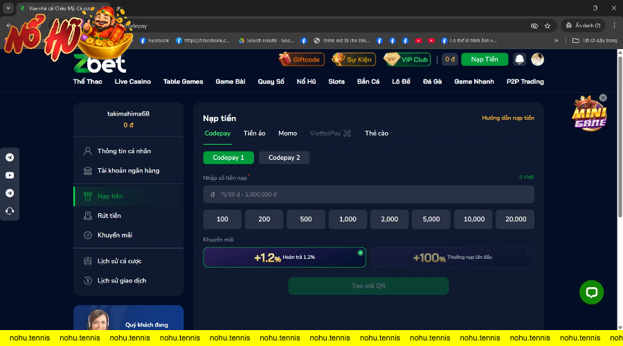 Giao diện nạp tiền ZBET với nhiều sự lựa chọn đa dạng như Codepay, tiền ảo, ví điện tử và thẻ cào và khuyến mãi mỗi lần nạp tiền vô cùng hấp dẫn.