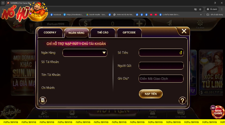 Giao diện nhập thông tin nạp tiền ngân hàng SUNWIN