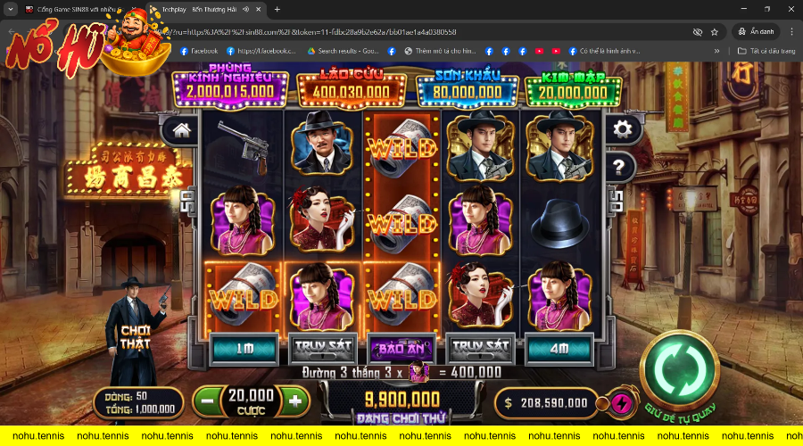 Giao diện quay slot game chủ đề xã hội đen với các biểu tượng nhân vật và súng của game quay hũ Bến Thượng Hải cược càng lớn hũ càng to.