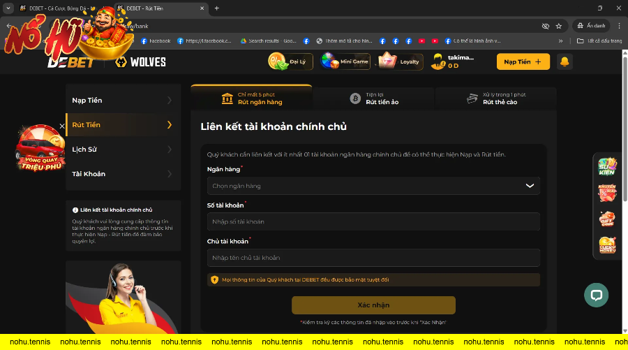 Giao diện rút tiền đa dạng với nhiều sự lựa chọn như qua ngân hàng, tiền ảo và thẻ cào trên trang cá cược DEBET.