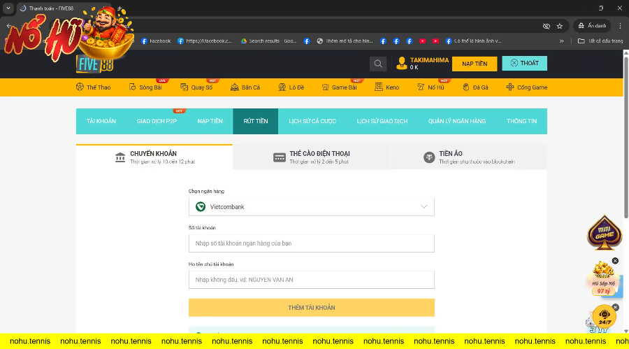 Giao diện rút tiền đa dạng với nhiều sự lựa chọn như qua ngân hàng, tiền ảo và thẻ cào trên trang cá cược FIVE88.