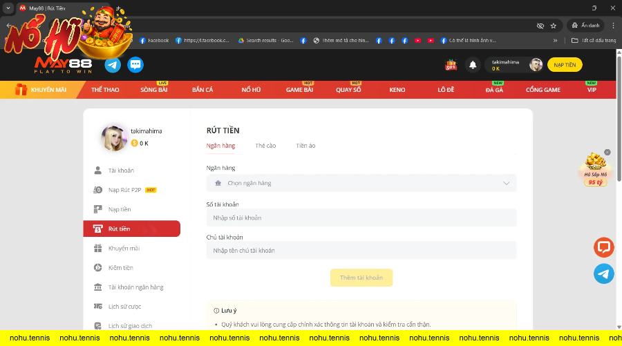 Giao diện rút tiền đa dạng với nhiều sự lựa chọn như qua ngân hàng, tiền ảo và thẻ cào trên trang cá cược MAY88.