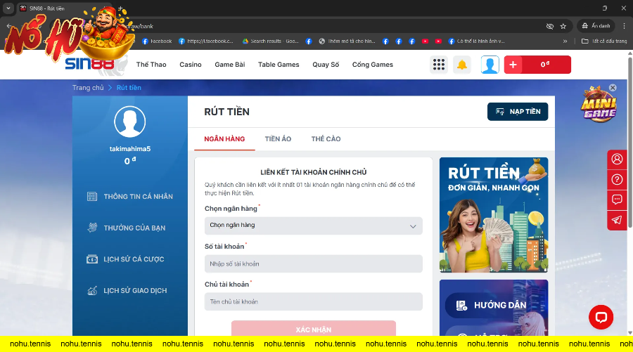 Giao diện rút tiền đa dạng với nhiều sự lựa chọn như qua ngân hàng, tiền ảo và thẻ cào trên trang cá cược SIN88.