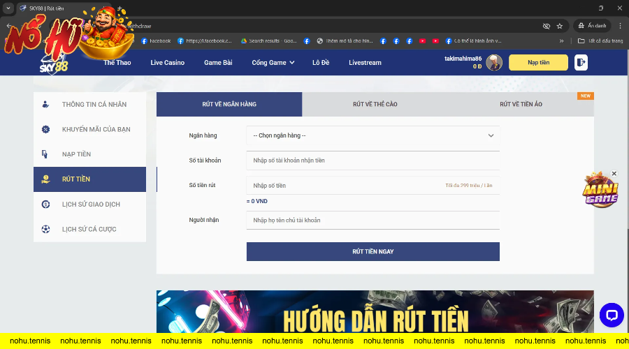 Giao diện rút tiền đa dạng với nhiều sự lựa chọn như qua ngân hàng, tiền ảo và thẻ cào trên trang cá cược SKY88