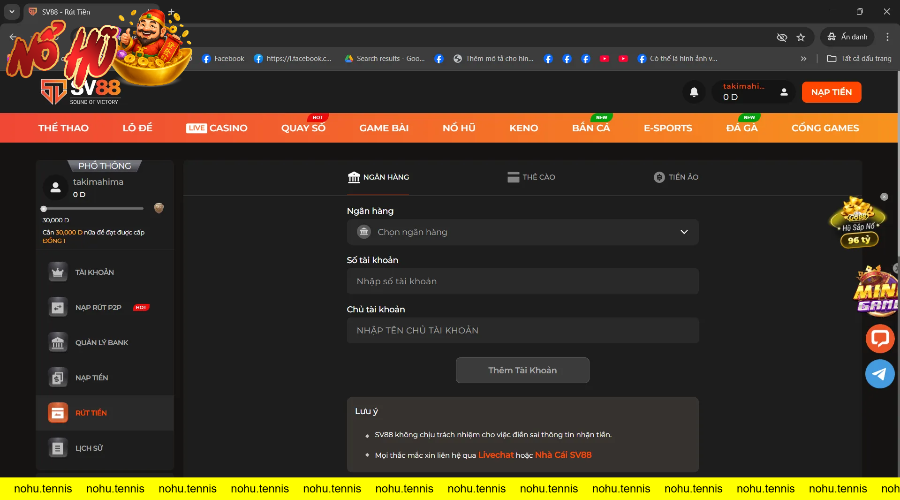 Giao diện rút tiền đa dạng với nhiều sự lựa chọn như qua ngân hàng, tiền ảo và thẻ cào trên trang cá cược SV88.