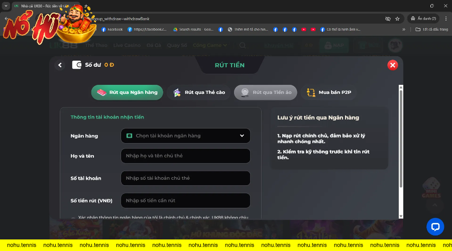 Giao diện rút tiền đa dạng với nhiều sự lựa chọn như qua ngân hàng, tiền ảo và thẻ cào trên trang cá cược UK88.