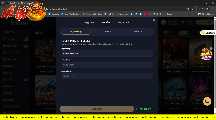Giao diện rút tiền đa dạng với nhiều sự lựa chọn như qua ngân hàng, tiền ảo và thẻ cào trên trang cá cược Vin88.
