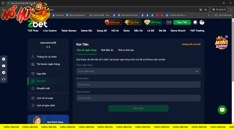 Giao diện rút tiền đa dạng với nhiều sự lựa chọn như qua ngân hàng, tiền ảo và thẻ cào trên trang cá cược ZBET.