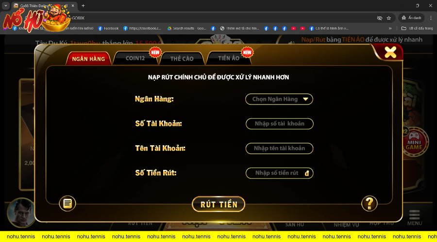 Giao diện rút tiền ngân hàng game bài trực tuyến GO88