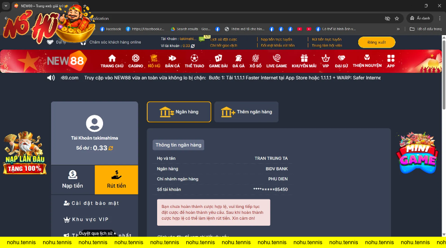 Giao diện rút tiền tài khoản New88 với thông tin ngân hàng và khi hoàn thành cược.