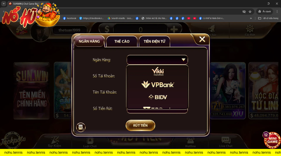 Giao diện rút tiền với lựa chọn ngân hàng SUNWIN