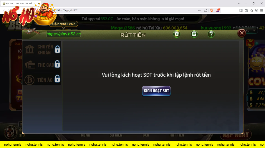 Giao diện rút tiền yêu cầu kích hoạt số điện thoại