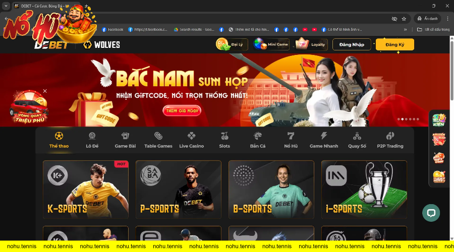 Giao diện trang chủ cổng game casino trực tuyến DEBET với lựa chọn đăng ký và đăng nhập.