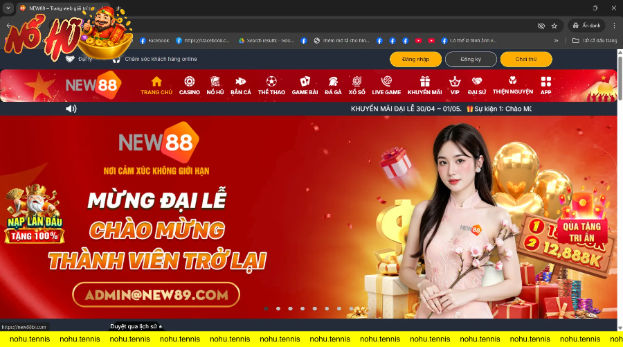Giao diện trang chủ New88 với khuyến mãi và lựa chọn đăng ký và đăng nhập