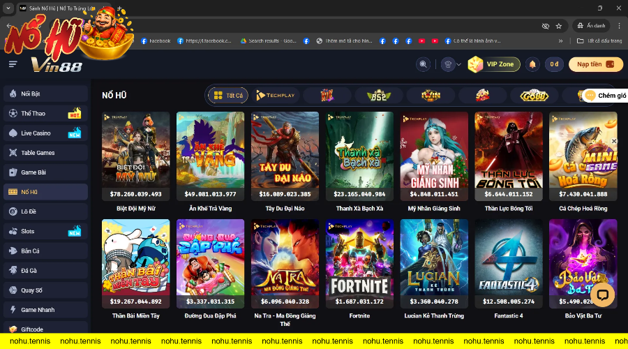 Giao diện trang Nổ Hũ với danh sách trò chơi theo nhiều chủ đề đa dạng jackpot và số tiền thưởng lớn