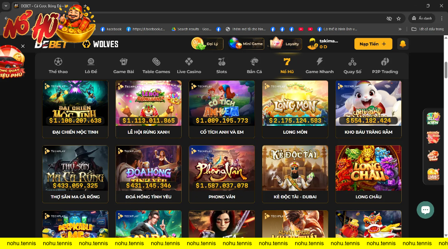 Giao diện trang web DEBET hiển thị các trò chơi nổ hũ với số tiền jackpot lớn