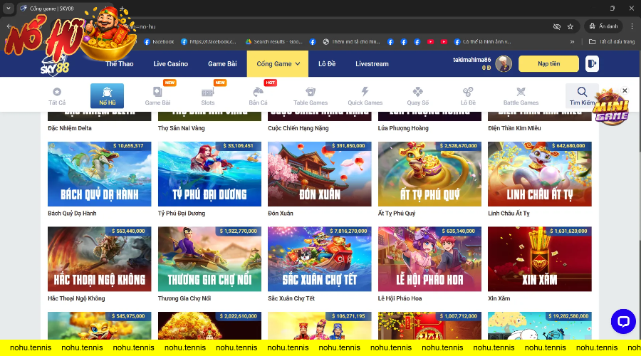 Giao diện trang web DEBET hiển thị các trò chơi nổ hũ với số tiền jackpot lớn như linh châu ất tỵ, thương gia chợ nổi và xin xăm nhiều trò chơi hấp dẫn khác.
