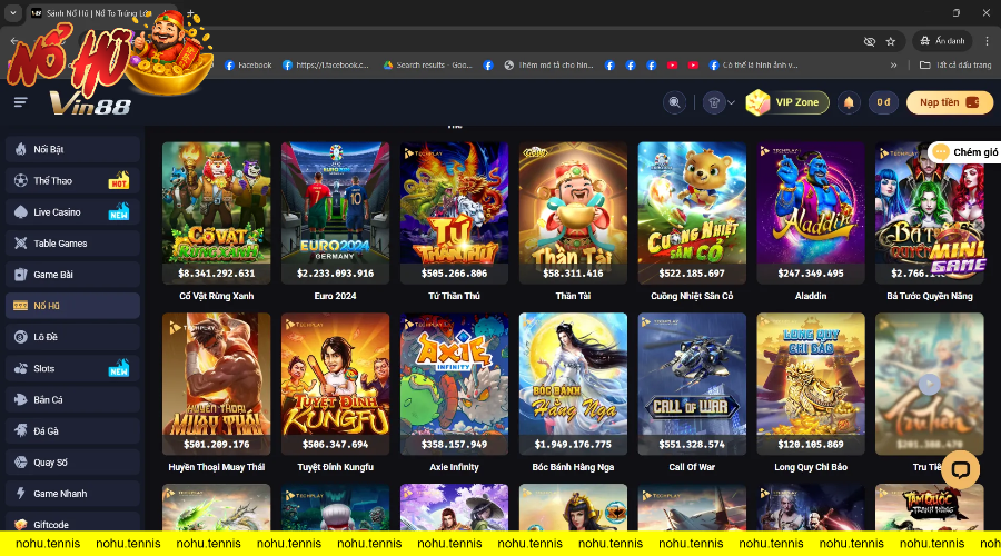 Giao diện trang web Vin88 hiển thị các trò chơi nổ hũ với số tiền jackpot lớn như cổ vật rừng xanh, tứ thần thú, tuyệt đình kungfu và nhiều trò chơi hấp dẫn khác.