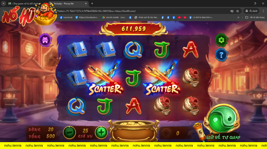 Giao diện trò chơi nổ hũ Phong Vân với biểu tượng scatter lửa màu cam.